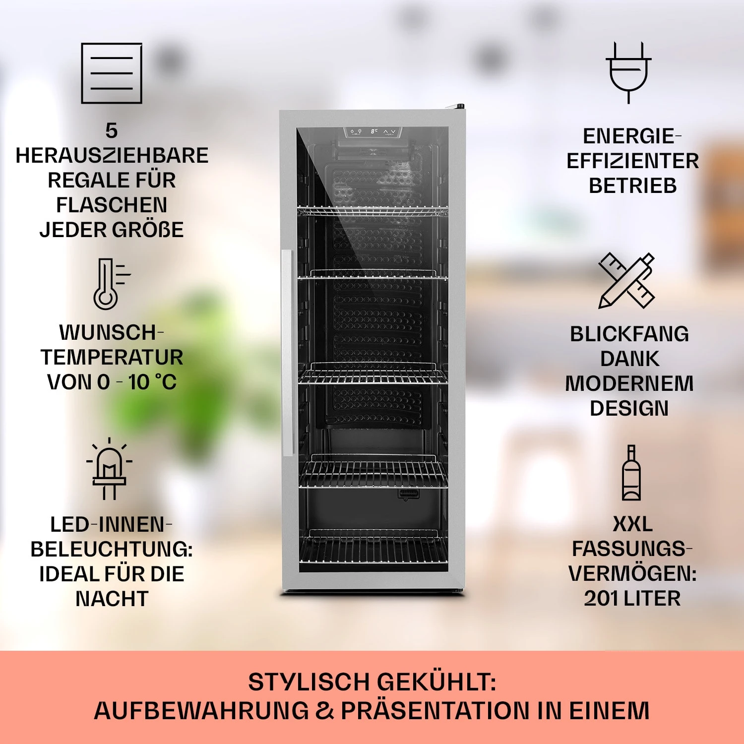 Beersafe 6XL Kühlschrank 201 Liter 5 Böden Panoramaglastür Edelstahl 2 Beersafe 6XL Kühlschrank 201 Liter 5 Böden Panoramaglastür Edelstahl – Bild 2