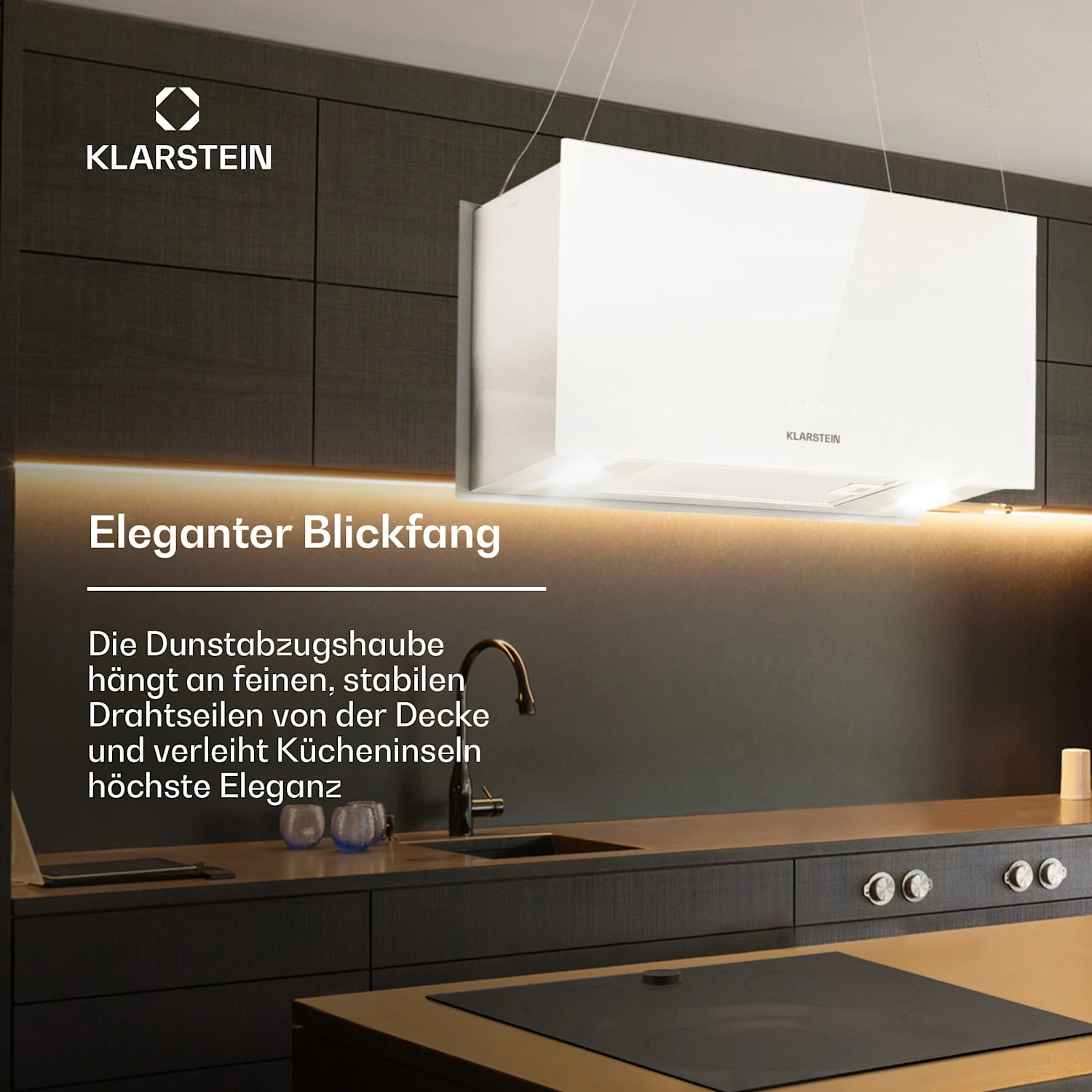 Kronleuchter L Inselabzugshaube 60cm Abluft: 590m³/h LED Touch Glas Weiß 2 Kronleuchter L Inselabzugshaube 60cm Abluft: 590m³/h LED Touch Glas Weiß – Bild 2