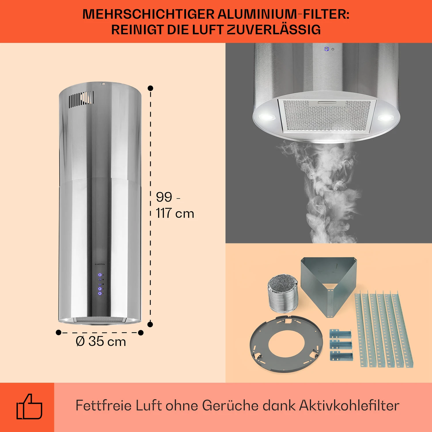 Beretta Inselabzugshaube Ø35cm Ab-/Umluft 650m³/h LED Edelstahl 5 Beretta Inselabzugshaube Ø35cm Ab-/Umluft 650m³/h LED Edelstahl – Bild 5