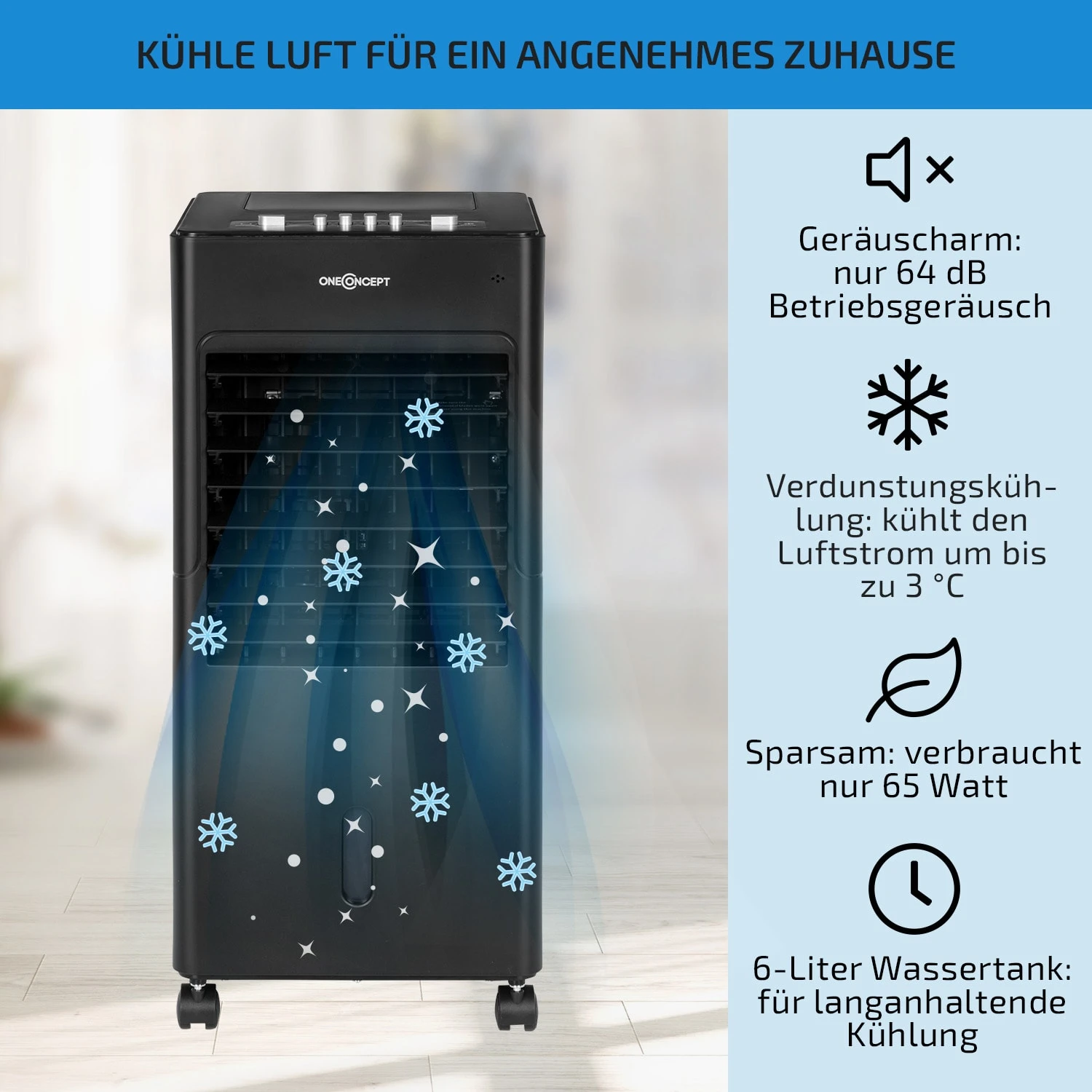 Freshboxx 3-in-1 Luftkühler 65 W 360 M³/h 6 Ltr Oszillation Mobil 2 Freshboxx 3-in-1 Luftkühler 65 W 360 M³/h 6 Ltr Oszillation Mobil – Bild 2
