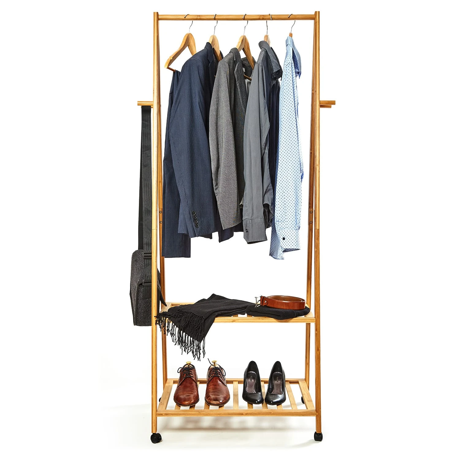 Garderobe Kleiderständer 4 Rollen 2 Ablagen 60x162x42,5 Cm 100% Bambus 2 Garderobe Kleiderständer 4 Rollen 2 Ablagen 60x162x42,5 Cm 100% Bambus – Bild 2