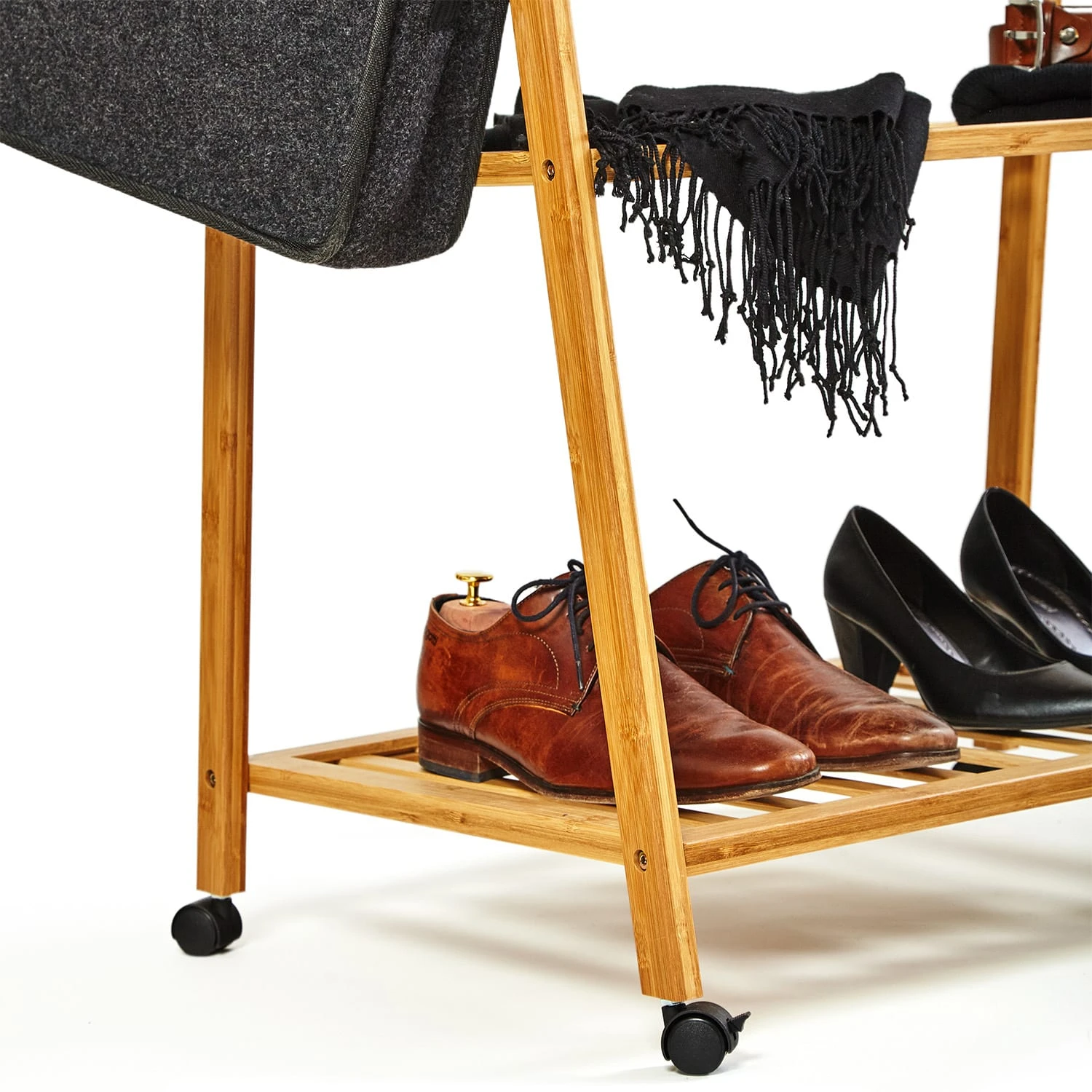 Garderobe Kleiderständer 4 Rollen 2 Ablagen 60x162x42,5 Cm 100% Bambus 5 Garderobe Kleiderständer 4 Rollen 2 Ablagen 60x162x42,5 Cm 100% Bambus – Bild 5