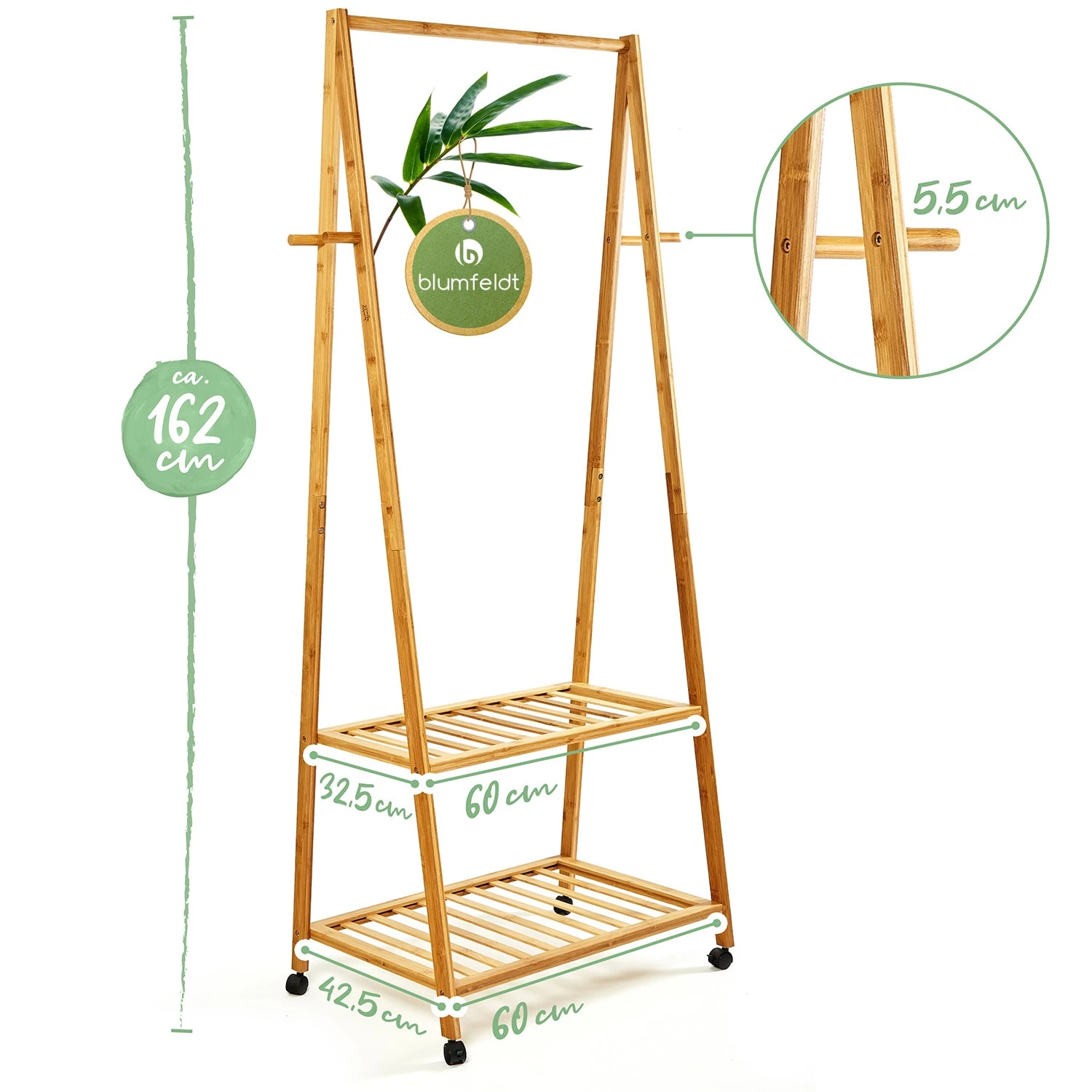 Garderobe Kleiderständer 4 Rollen 2 Ablagen 60x162x42,5 Cm 100% Bambus 7 Garderobe Kleiderständer 4 Rollen 2 Ablagen 60x162x42,5 Cm 100% Bambus – Bild 7