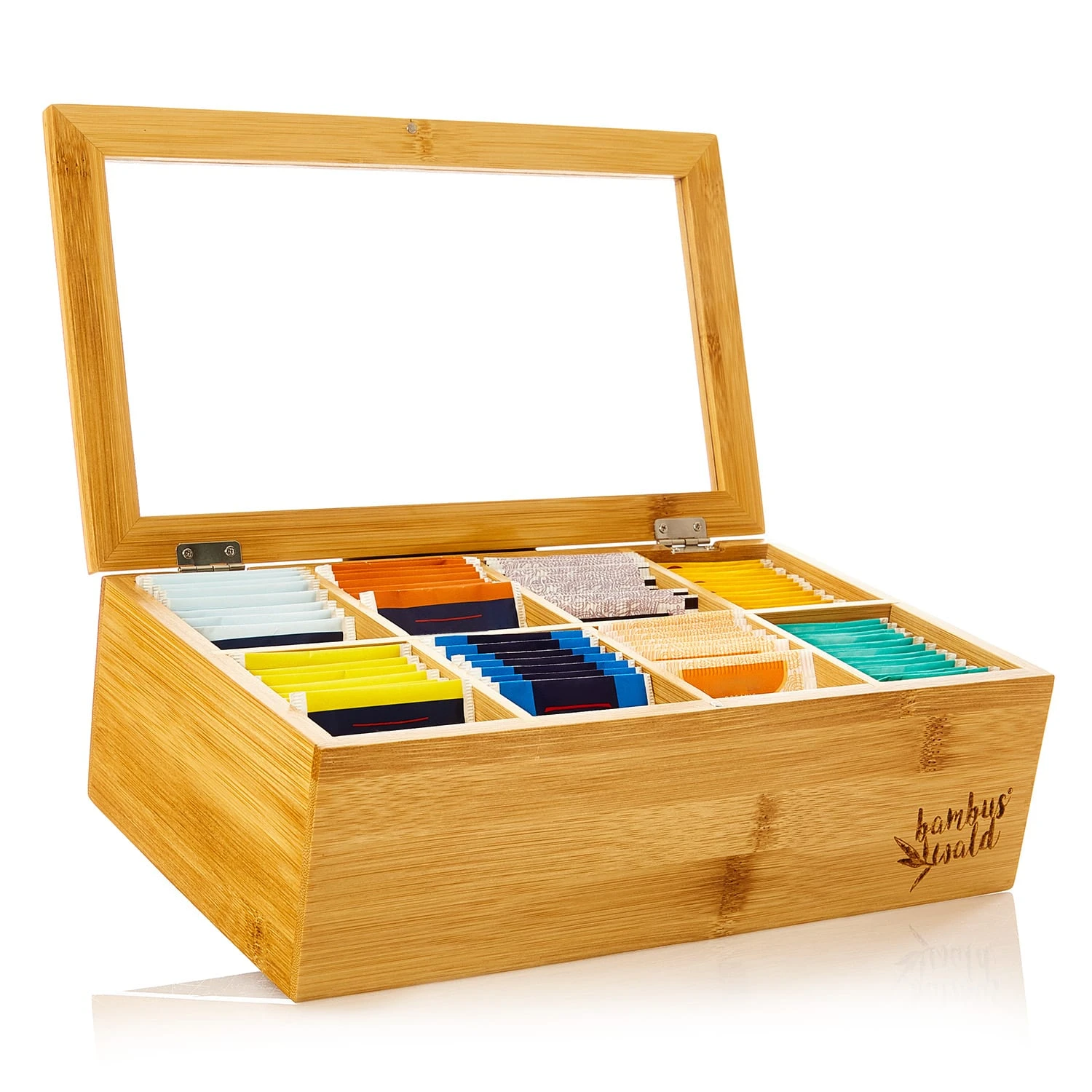 Teebox 8 Fächer 120 Teebeutel Kunststoff-Sichtfenster Bambus 1 Teebox 8 Fächer 120 Teebeutel Kunststoff-Sichtfenster Bambus