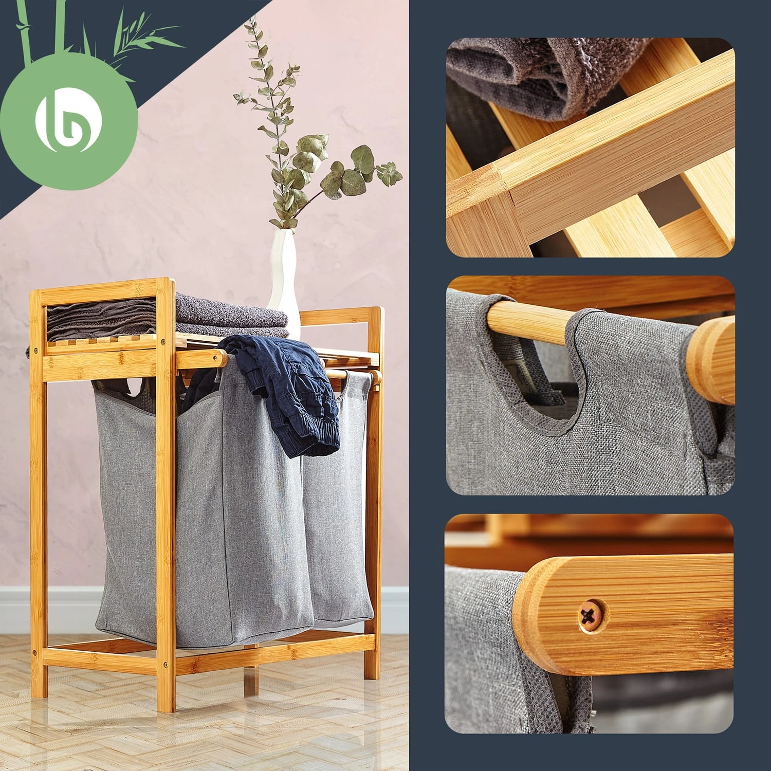 Wäschestation 2 Herausnehmbare Säcke Bambus Baumwolle 2 Wäschestation 2 Herausnehmbare Säcke Bambus Baumwolle – Bild 2