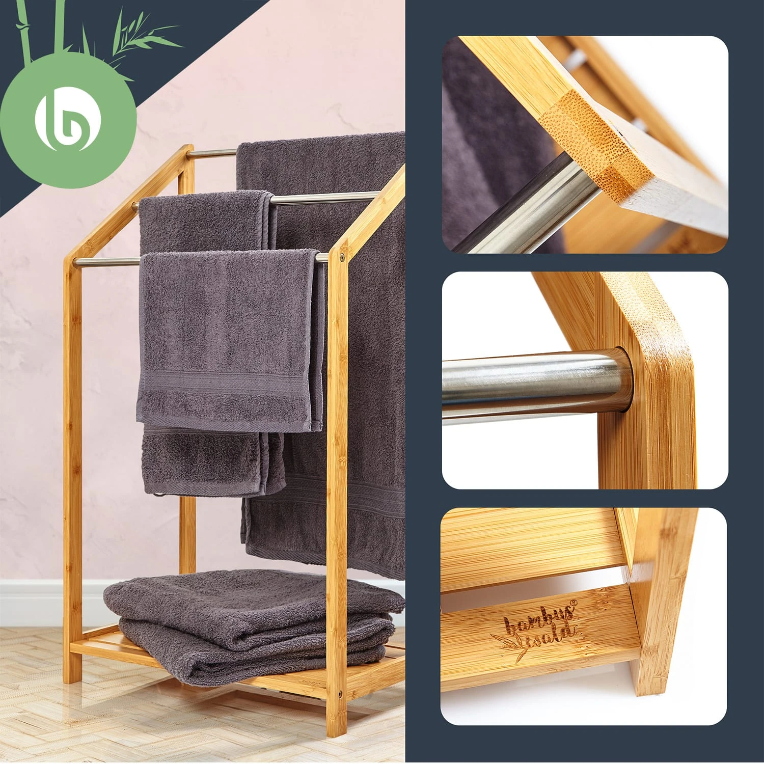 Handtuchhalter 3-fache Metallstreben 51x86x31cm Stufenenoptik Bambus 2 Handtuchhalter 3-fache Metallstreben 51x86x31cm Stufenenoptik Bambus – Bild 2