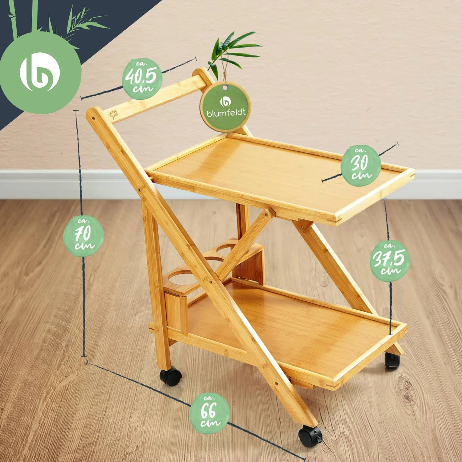 Servierwagen 2 Etagen 4 Rollen 66x70x40,5cm (BxHxT) Bambus 6 Servierwagen 2 Etagen 4 Rollen 66x70x40,5cm (BxHxT) Bambus – Bild 6