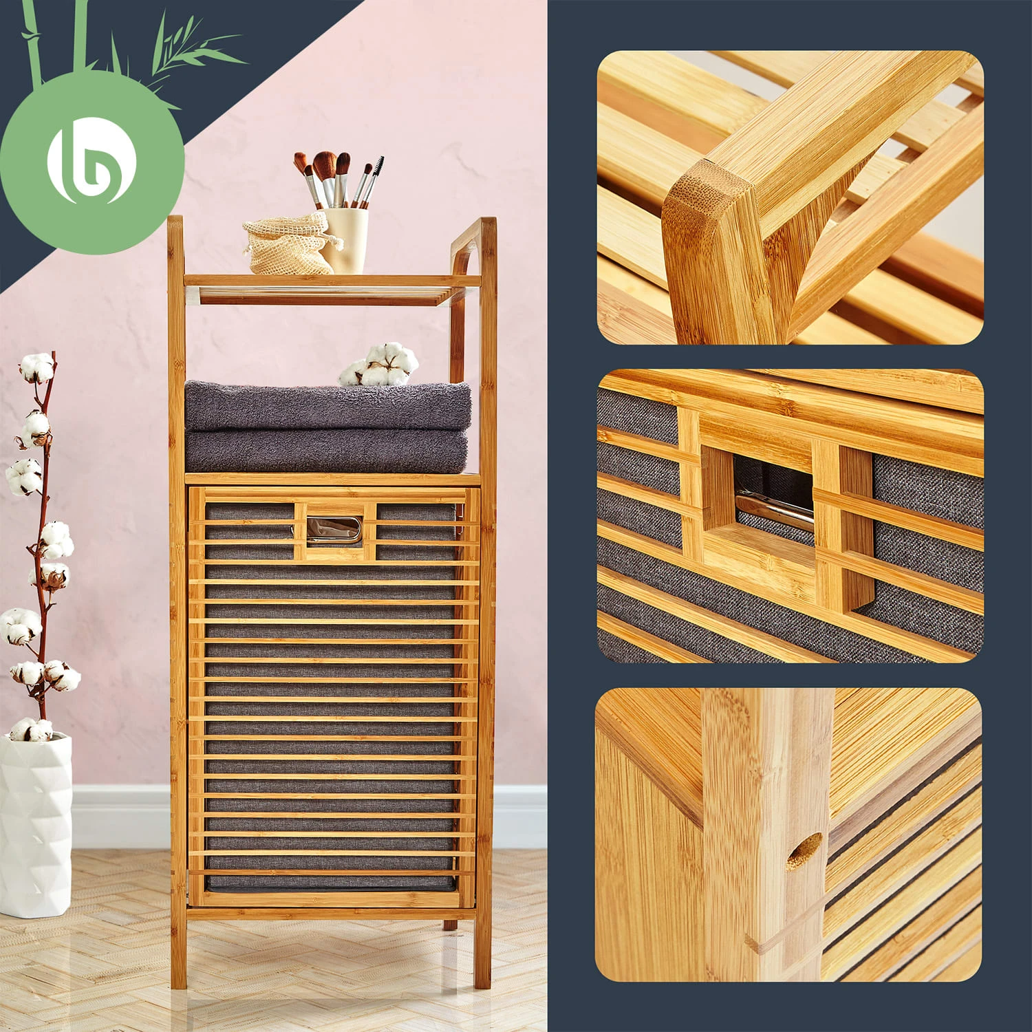 2-in-1 Standregal 2 Ablagefächer Herausnehmbarer Korb Bambus Baumwolle 2 2-in-1 Standregal 2 Ablagefächer Herausnehmbarer Korb Bambus Baumwolle – Bild 2