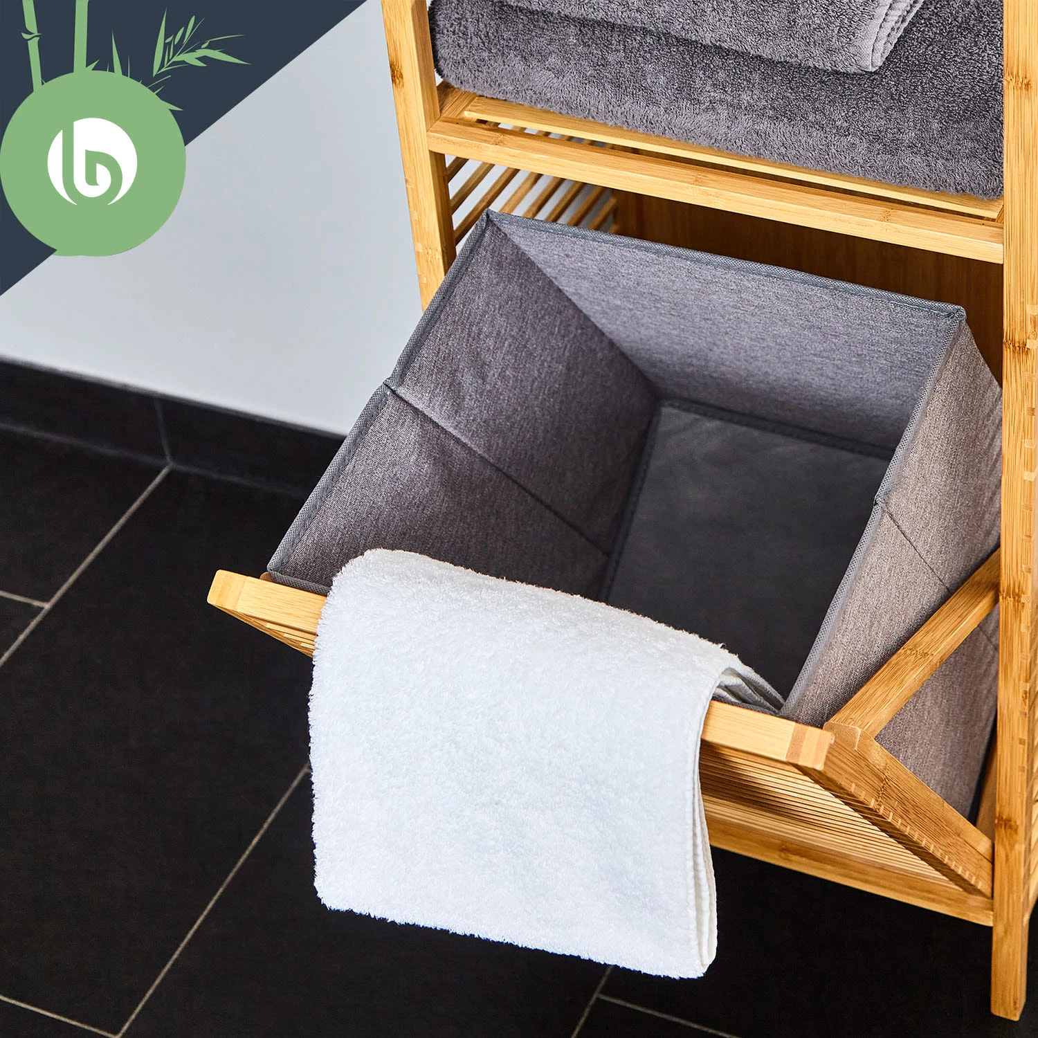 2-in-1 Standregal 2 Ablagefächer Herausnehmbarer Korb Bambus Baumwolle 4 2-in-1 Standregal 2 Ablagefächer Herausnehmbarer Korb Bambus Baumwolle – Bild 4