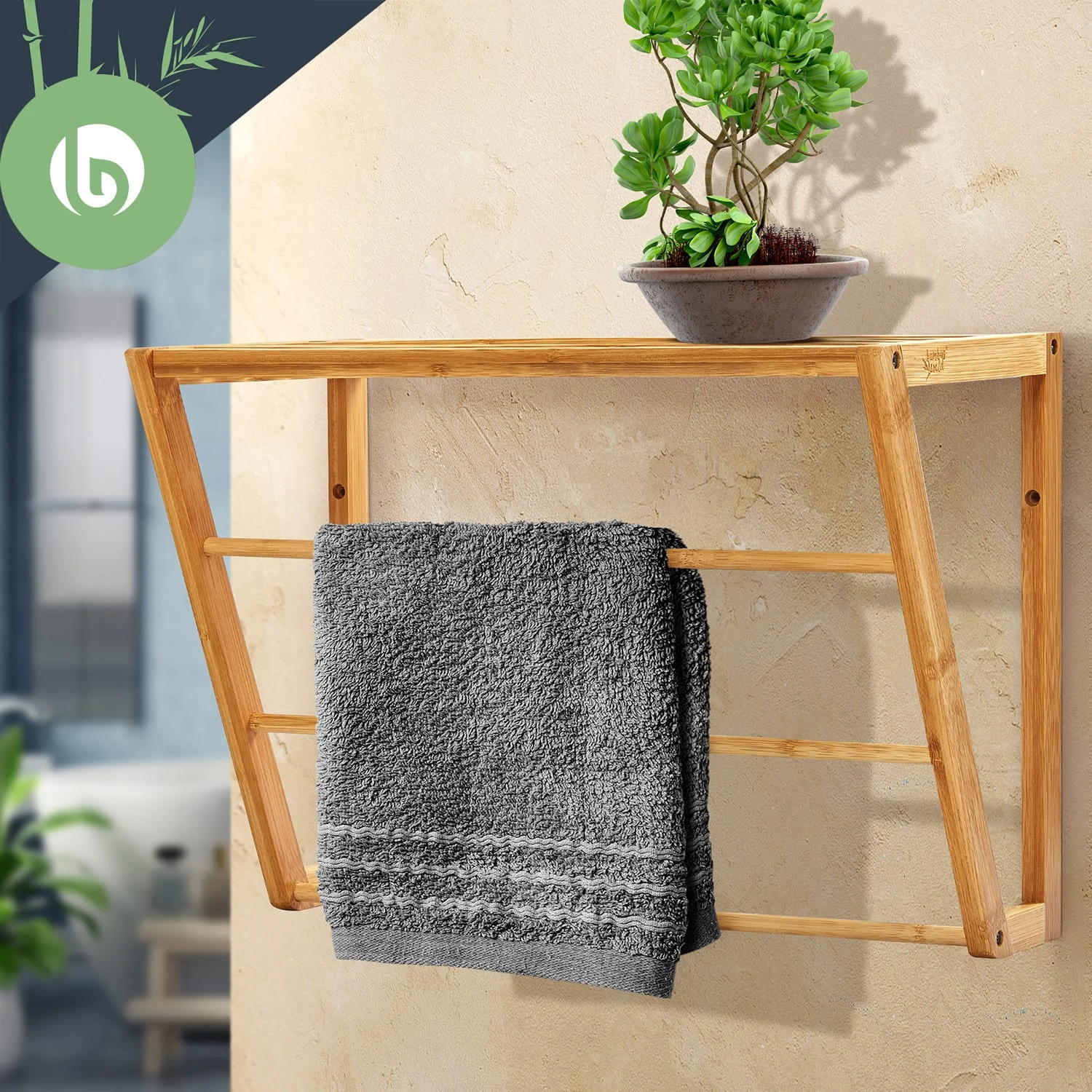 Wandregal Bad 3 Handtuchstangen Ablagefläche Oben 42x30x20cm Bambus 3 Wandregal Bad 3 Handtuchstangen Ablagefläche Oben 42x30x20cm Bambus – Bild 3