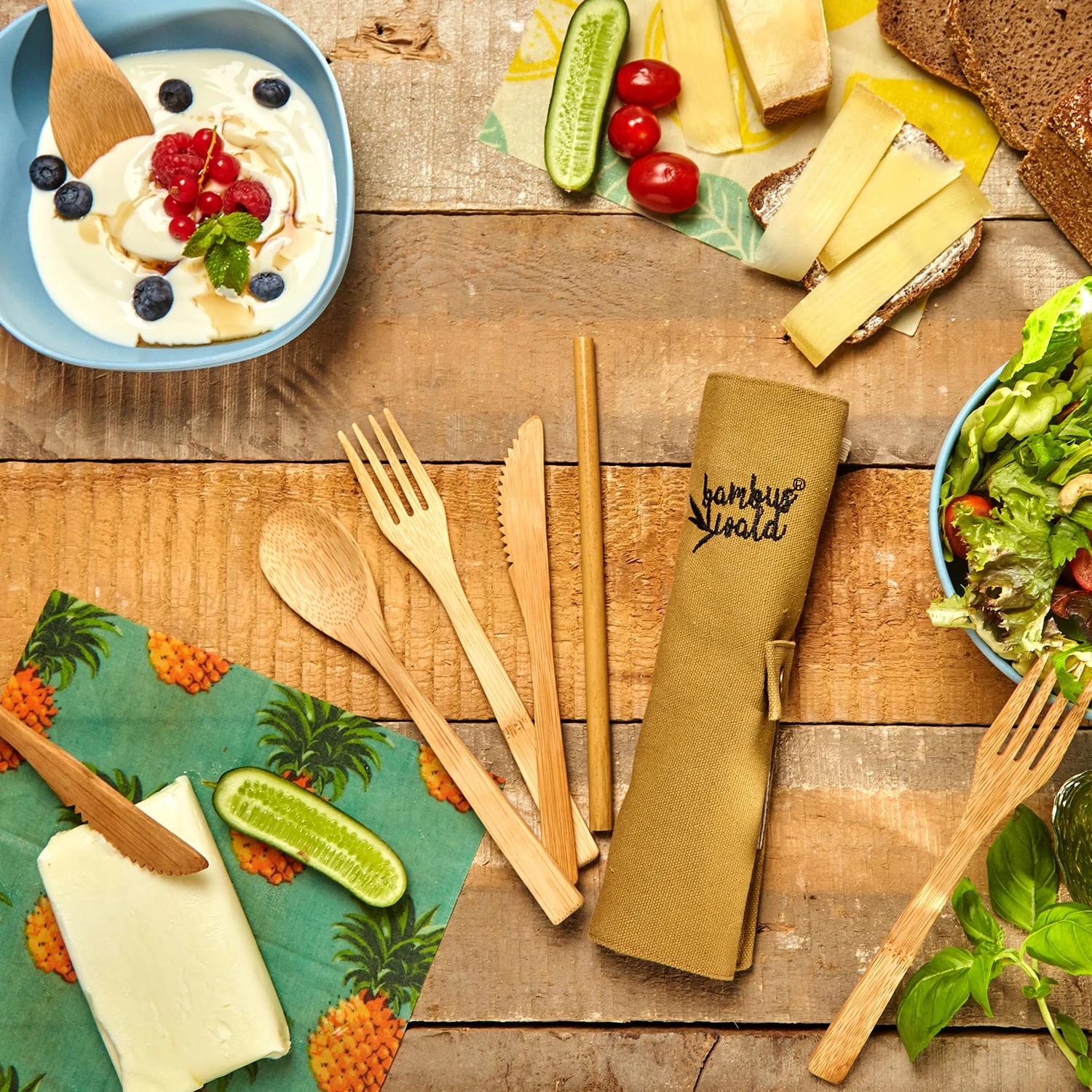 Reisebesteck In Brauner Tasche 5-teilig Zusammenrollbar Bambus 2 Reisebesteck In Brauner Tasche 5-teilig Zusammenrollbar Bambus – Bild 2