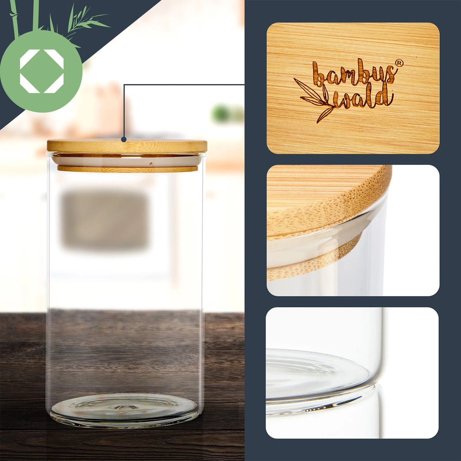 Rundes Glas Mit Bambusdeckel 4er-Set Inhalt: 600 Ml, 1000 Ml, 1500 Ml, 1800 Ml 2 Rundes Glas Mit Bambusdeckel 4er-Set Inhalt: 600 Ml, 1000 Ml, 1500 Ml, 1800 Ml – Bild 2