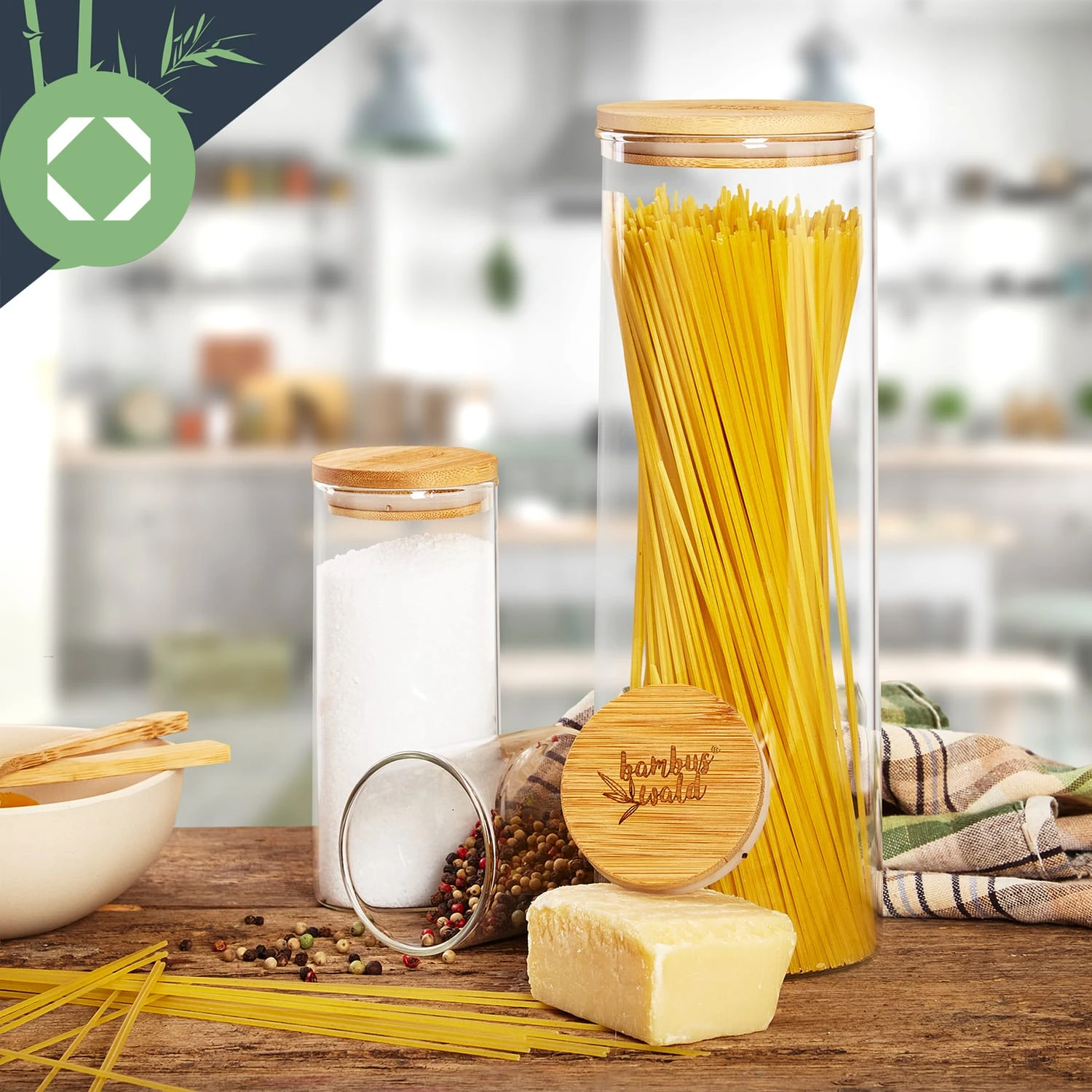 Rundes Glas Mit Bambusdeckel 4er-Set Inhalt: 600 Ml, 1000 Ml, 1500 Ml, 1800 Ml 7 Rundes Glas Mit Bambusdeckel 4er-Set Inhalt: 600 Ml, 1000 Ml, 1500 Ml, 1800 Ml – Bild 7