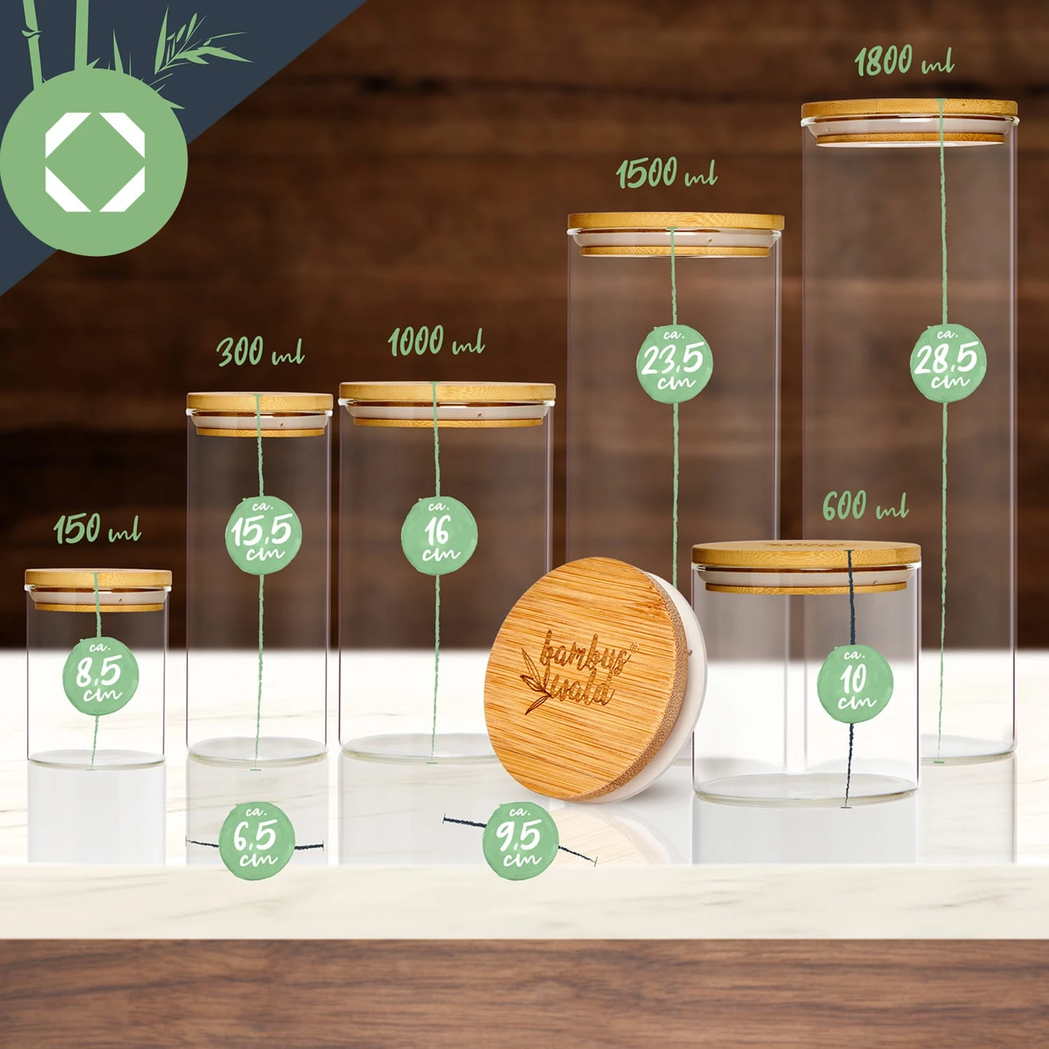 Rundes Glas Mit Bambusdeckel 4er-Set Inhalt: 600 Ml, 1000 Ml, 1500 Ml, 1800 Ml 8 Rundes Glas Mit Bambusdeckel 4er-Set Inhalt: 600 Ml, 1000 Ml, 1500 Ml, 1800 Ml – Bild 8