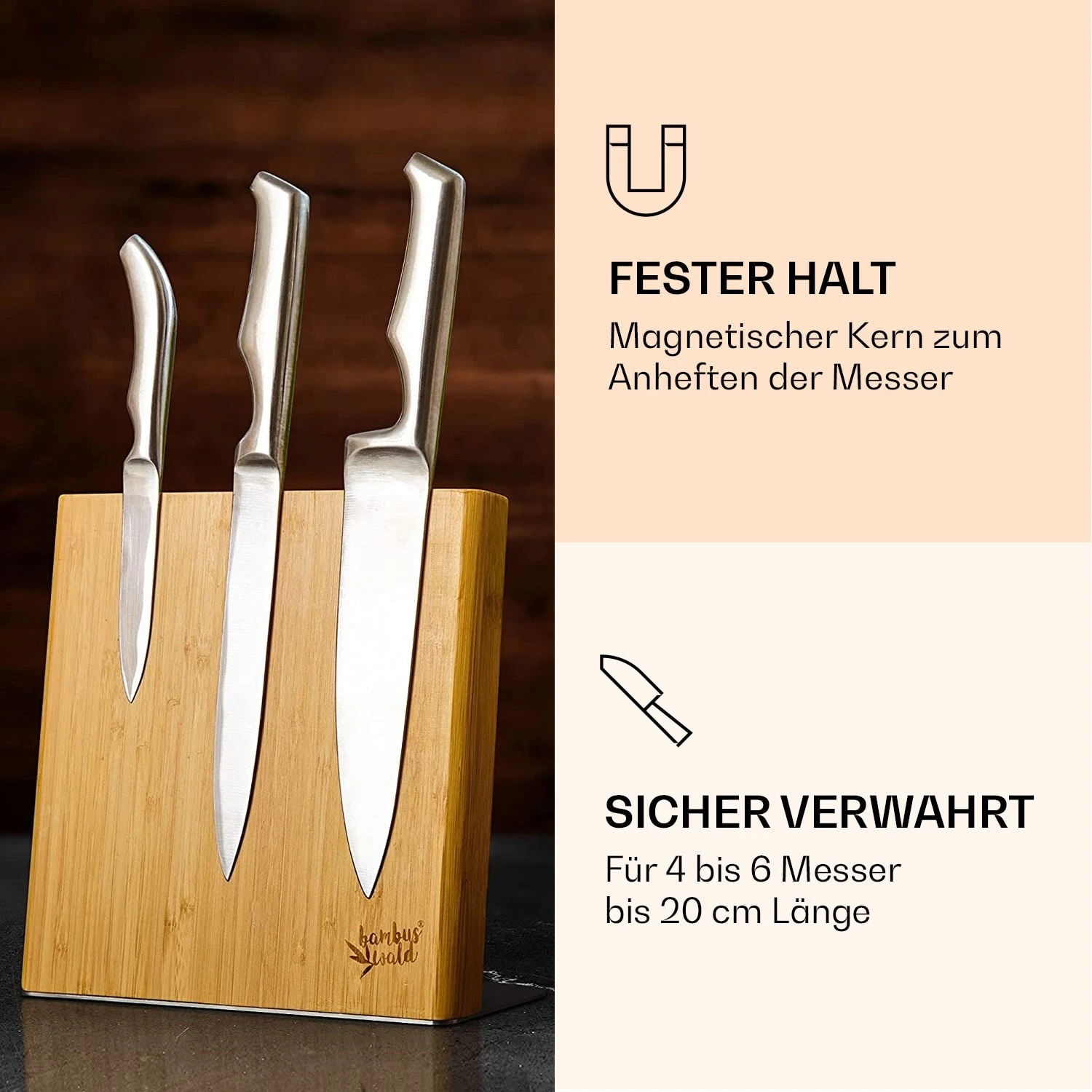 Messerblock Schräg, Magnetisch, Für 4-6 Messer, Bambus, Edelstahl 3 Messerblock Schräg, Magnetisch, Für 4-6 Messer, Bambus, Edelstahl – Bild 3