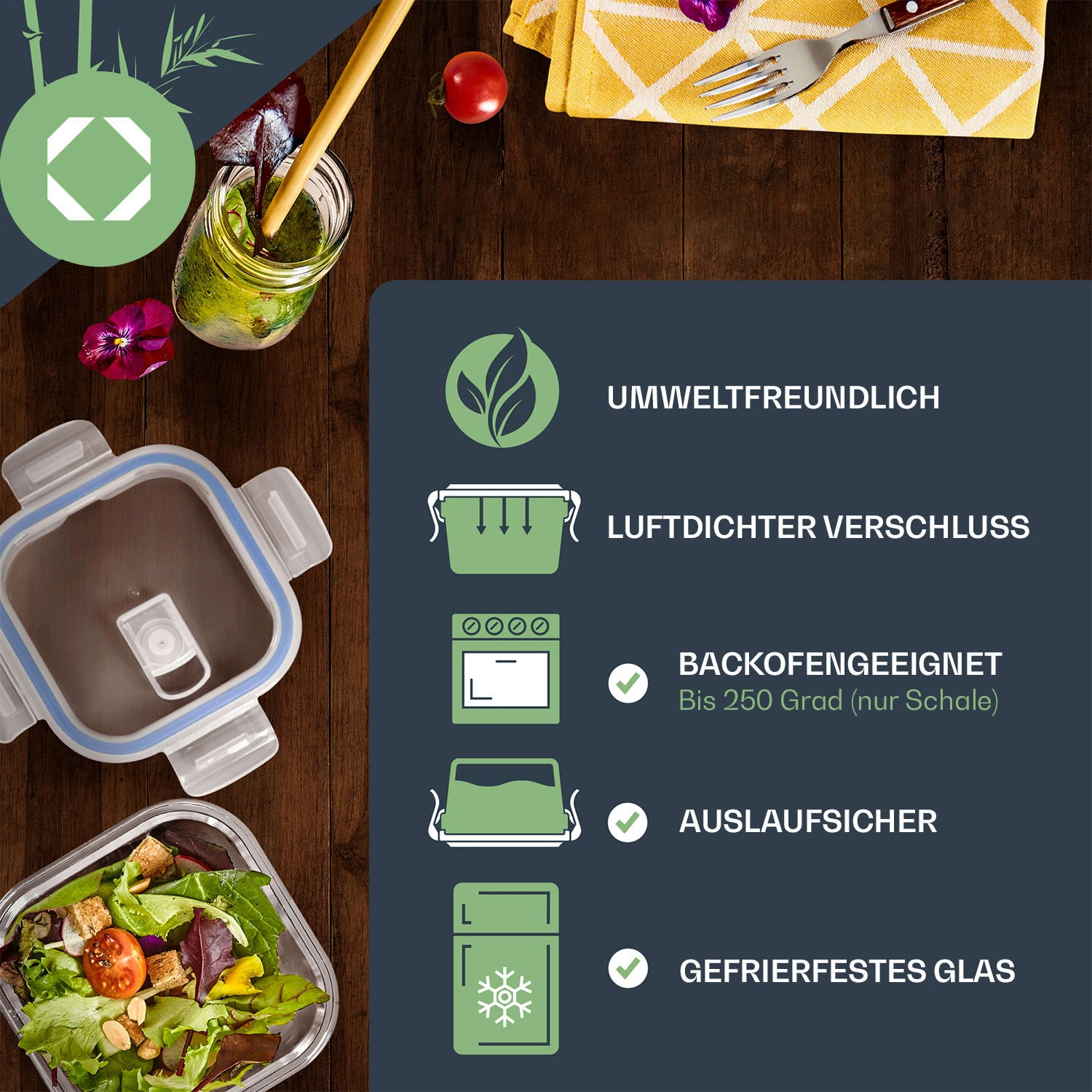 Quadratische Glasbox 800 Ml, 620 Ml, 320 Ml Mit Deckel Luftdicht Auslaufsicher 2 Quadratische Glasbox 800 Ml, 620 Ml, 320 Ml Mit Deckel Luftdicht Auslaufsicher – Bild 2