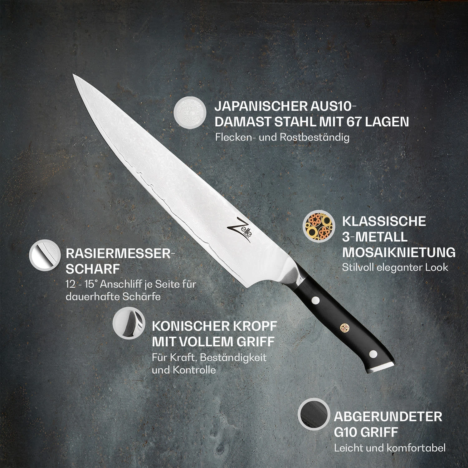 Alpha-Royal Japanese Serie 10" Chefkochmesser Damaszener-Stahl 2 Alpha-Royal Japanese Serie 10" Chefkochmesser Damaszener-Stahl – Bild 2