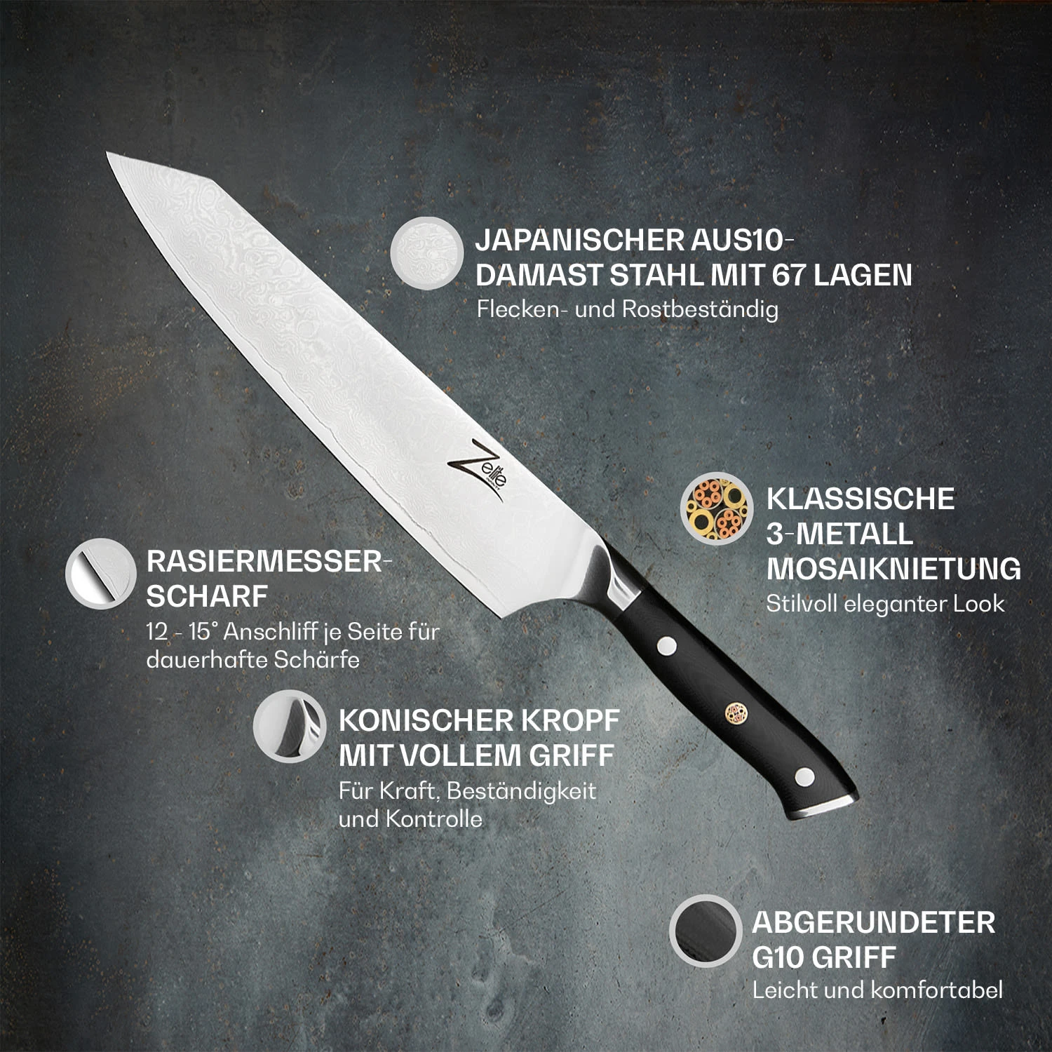 Alpha-Royal Japanese Serie 9" Kiritsuke Messer Damaszener-Stahl 2 Alpha-Royal Japanese Serie 9" Kiritsuke Messer Damaszener-Stahl – Bild 2