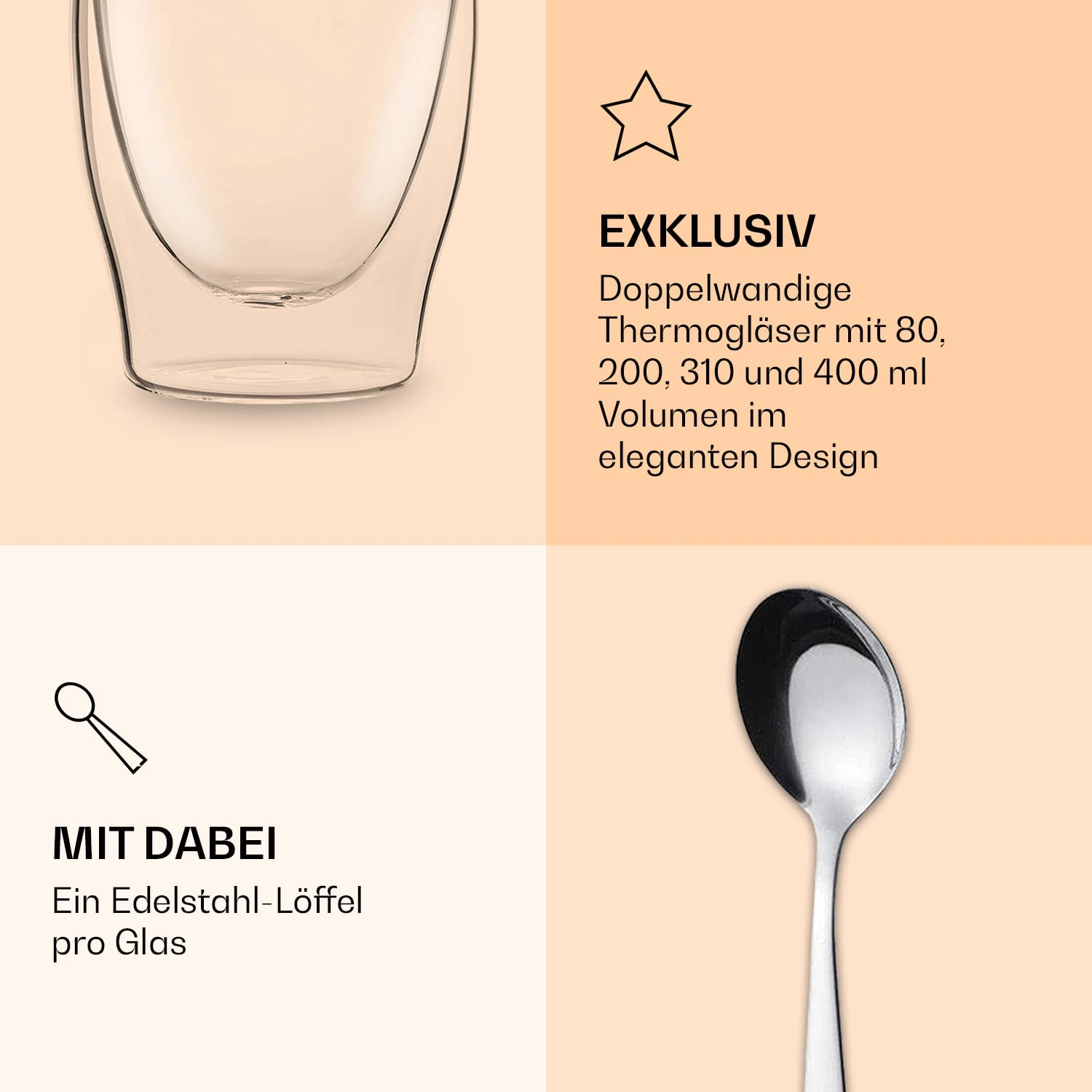 DUOS Doppelwandiges Glas 80, 200, 310, 400 Ml Thermofunktion Inkl. Edelstahl-Löffel 6 DUOS Doppelwandiges Glas 80, 200, 310, 400 Ml Thermofunktion Inkl. Edelstahl-Löffel – Bild 6