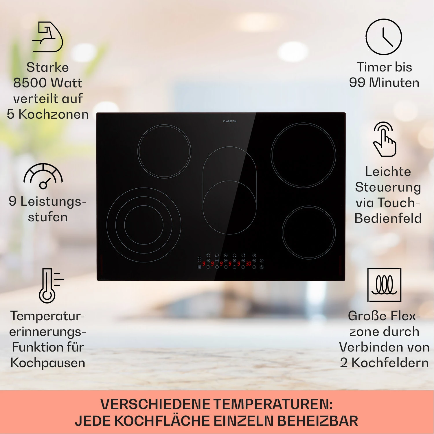 Virtuosa 5 Einbaukochfeld 5 Zonen 8500W Glaskeramik 2 Virtuosa 5 Einbaukochfeld 5 Zonen 8500W Glaskeramik – Bild 2