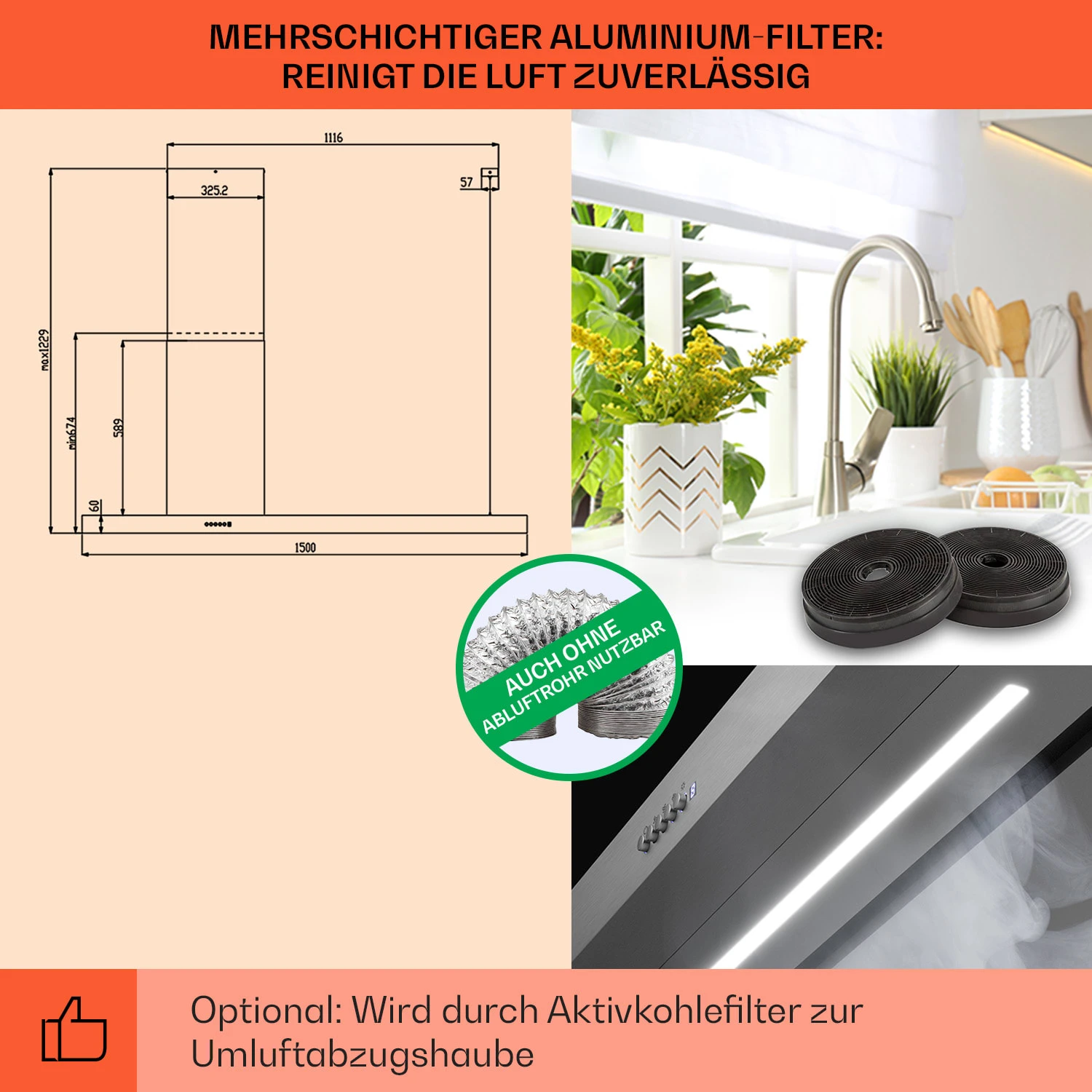 Limelight Dunstabzugshaube 150cm Wandhaube 625m³/h Touch 5 Limelight Dunstabzugshaube 150cm Wandhaube 625m³/h Touch – Bild 5