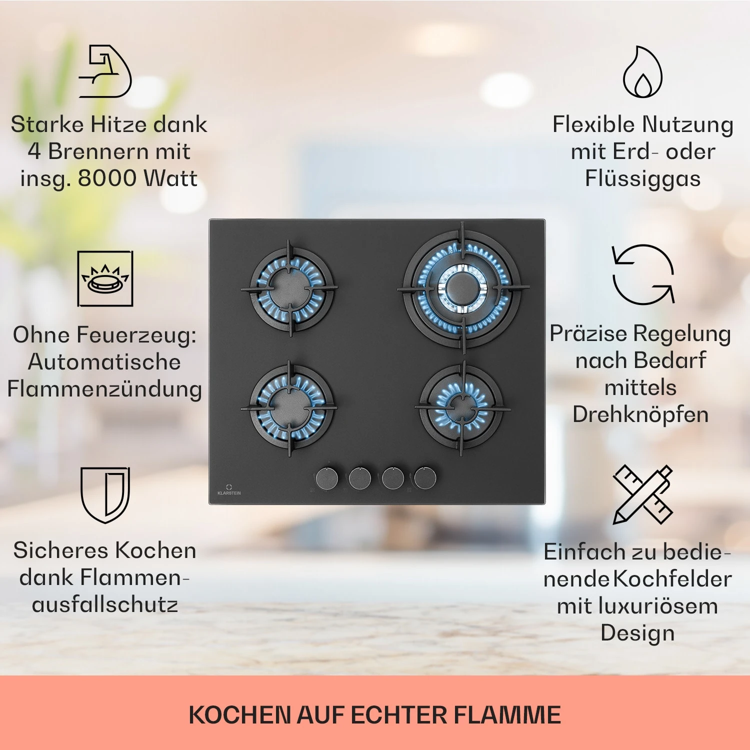 Firetale Gaskochfeld 4-flammig 60 Cm Aluminium-Brenner Inkl. Schlauch Und Druckminderer 2 Firetale Gaskochfeld 4-flammig 60 Cm Aluminium-Brenner Inkl. Schlauch Und Druckminderer – Bild 2