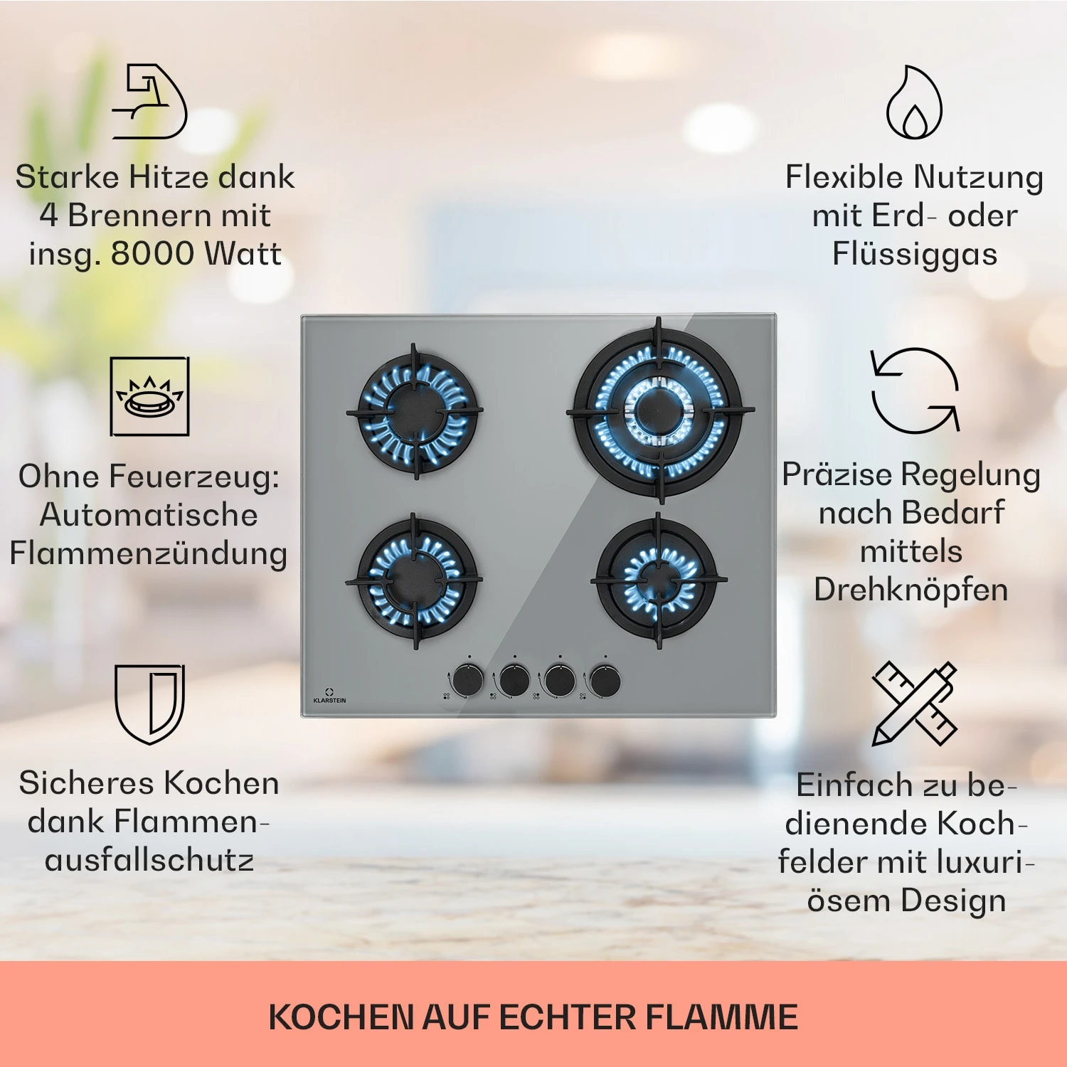 Firetale Gaskochfeld 4-flammig 60 Cm Aluminium-Brenner Inkl. Schlauch Und Druckminderer 2 Firetale Gaskochfeld 4-flammig 60 Cm Aluminium-Brenner Inkl. Schlauch Und Druckminderer – Bild 2